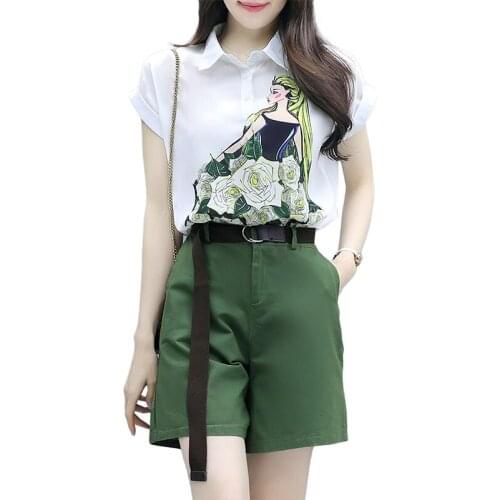 LUKAXSIKAX 2021 New Summer Women Sets Outfits Fashion Print Short Sleeve White Chiffon Shirt And Shorts Two Piece Set