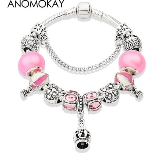 Dropshipping Silver Plated Crown Bead Bracelet Cute Pink Enamel Balloon Pendant Charm Bracelets & Bangles for Fashion Gift