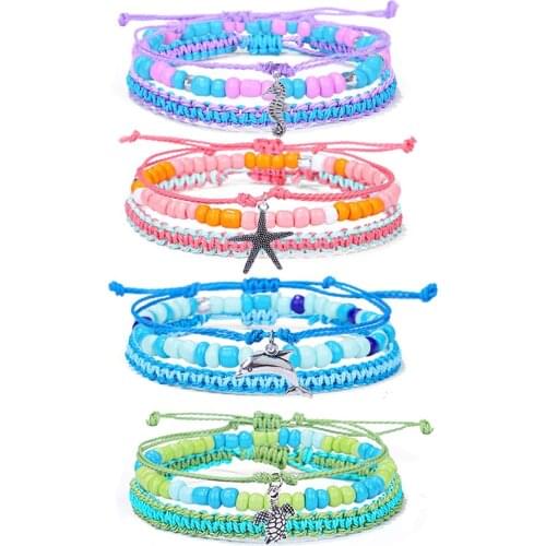 QiLuxy 3pcs Bohemian Woven Wax Thread Bracelet Sets for Girls Handmade Colorful Beads Turtle Starfish Beach Charm Bracelets