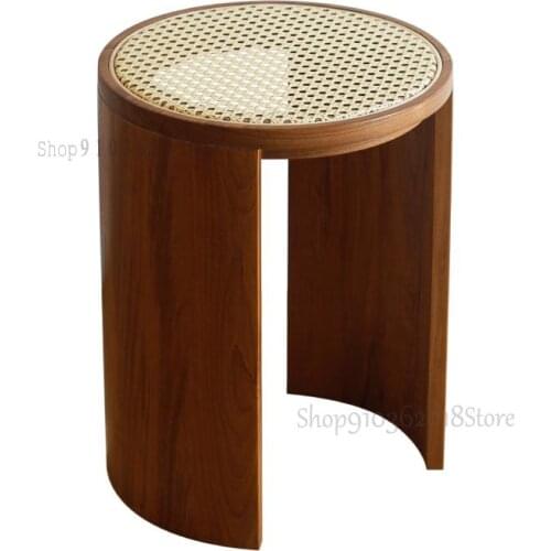 Nordic Japanese Rattan Stool Solid Wood Cherry Black Walnut Makeup Stool Medieval Teak Shoe Stool