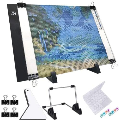 A4 LED Light Pad for Square Diamond Painting, USB Powered Light Board Kit, Adjustable Brightness with Detachable Stand and Clips