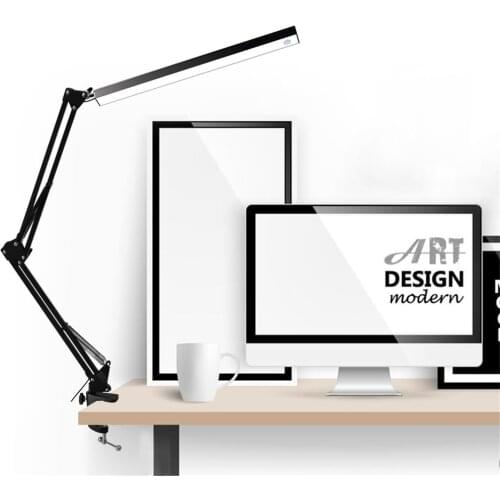 LED Folding Metal Desk Lamp Clip on Light Clamp Long Arm Button Control Diming Table Lamp 3 Colors Eye Protection Table Light