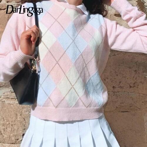 Darlingaga Fashion Vintage Pink Argyle Plaid y2k Woman Sweaters Long Sleeve Autumn Pullover Preppy Style Girls Knitwear Sweater