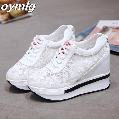 2020 Summer Women Shoes Wedge Mesh Lace Up Joker Small White Shoes Breathable Thick Bottom Platform Shoes Casual Sneaker Shoes
