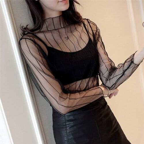 Women Sexy Shirt Mesh See Through Elegant Shirts 2020 Hollow Transparent Shirt Fashion Exquisite Shirts Pentagram Dot Base Top