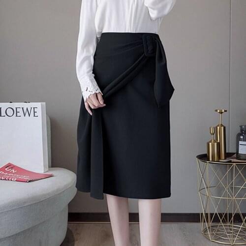 Autumn Skirts Womens 2021 High Waist Skirt Female Button A-Line Solid Casual Chiffon Black Skirt Vintage Fashion Skirt Blue 0797
