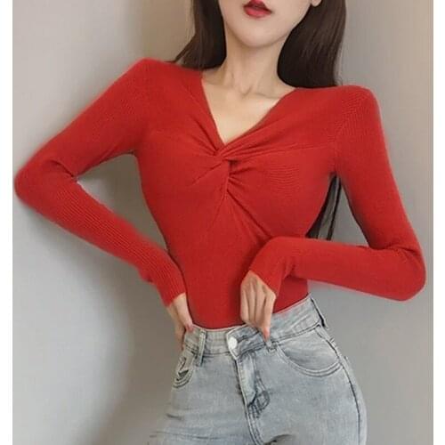 Women Stretch Knitted Sexy V-Collar Long Sleeve Sweater Slim Bottoming Pullover Spring Autumn Tops Female Soft Jumper Tshirt