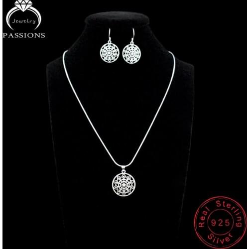 Hot Sale Bohemia 925 Sterling Silver AAA Zircon Sun Flower Pendant Jewelry Set Round Drop Earrings And Necklace Women Fine Gift