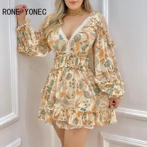 Women Casual waistband Lattern sleeves Lace ferms Folds Lace Mini Floral Dress
