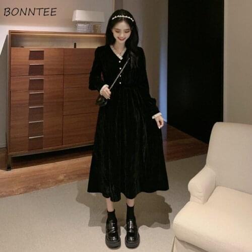 Long Sleeve Dress Women Classy French Style Vestido Midi Elegant Button Patchwork Black Vintage Autumn Charm 2020 New Arrival BF