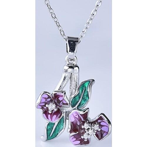 Delicate Temperament Silver Charm Pendant Necklace for Women Purple Enamel Flower Cubic Zirconia Inlaid Wedding Chain Necklace