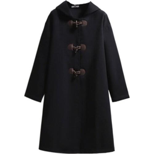 New 2021 Autumn Winter Womens Woolen Coats Loose Plus Size Female Overcoats Horn Button Warm OL Trendy Lady Long Coats Hooded