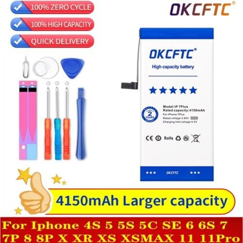 OKCFTC High Capacity Battery For iPhone 6S 6 7 8 Plus X Replacement Battery For iPhone 5 5S 4S SE XR XS 11 Pro Max Batterie