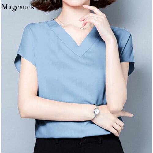 Satin Woman Solid V-neck Short Sleeve Blouses Summer 2021 Loose Casual Silk Shirt Plus Size M-4XL Office Lady Tops Clothes 10297