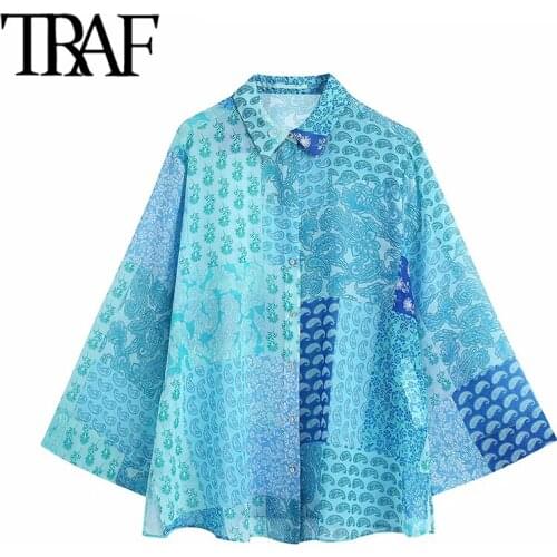 TRAF Women Fashion Patchwork Paisley Print Loose Blouses Vintage Long Sleeve Button-up Female Shirts Blusas Chic Tops