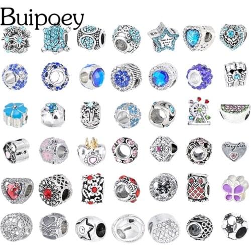 Buipoey Blue Rhinestone Beads Charm Fit Bracelet & Necklace For Women Snake Bone Chain Accessory Beaded Wholesale BD0341-0380
