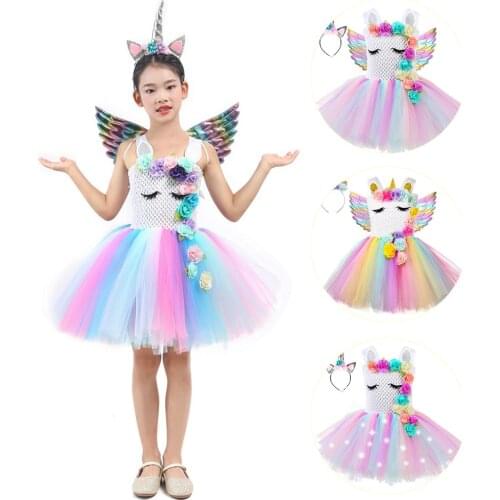Shiny Unicorn Rainbow Girls Tutu Dress with Wings Princess Flower Outfit Kid Unicorn Birthday Party Halloween Fancy Tutu Costume