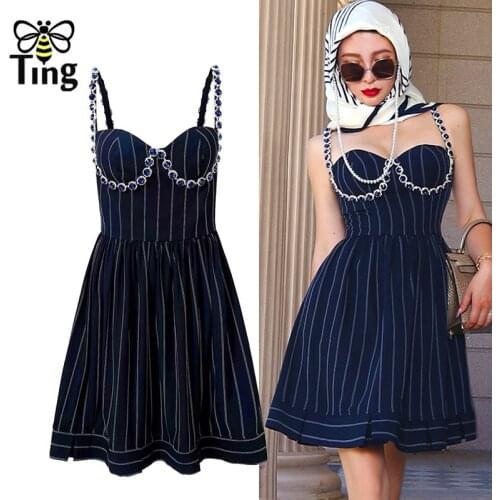 Tingfly Designer Luxury Crystal Diamond Mini Short Party Night Dresses Stripe A Line Strap Clubwear Dress Goblincore Zevity Robe