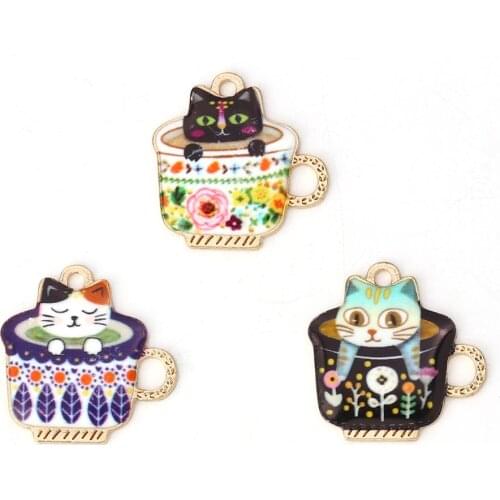 DoreenBeads Fashion Zinc Based Alloy Pendant Charms Cup Gold Multicolor Cat Enamel Jewelry DIY Findings 23mm x 23mm, 2 PCs