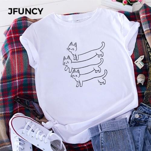 JFUNCY Plus Size 5XL Women Tee Shirt 100% Cotton Short Sleeve Casual Female Tshirt Cat Print T-shirt Woman Summer Loose Tops