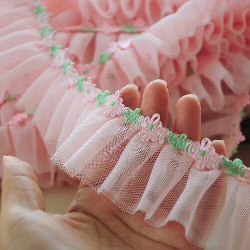 5meters 6cm Wide Pink Ruffled Tulle Lace Trim 2-layer Handmade 3D lolita Lace For Dress, Dolls, Costume Design DIY