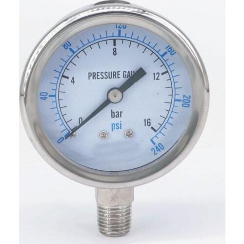 0-16bar 1/8" BSPT Male 60mm Dial Pressure Gauge 304 Stainless Bar PSI N2 Steam Brewing Pneumatic Air Gas Water Fuel