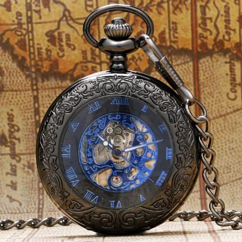 Retro Black Pattern Glass Case Design With Blue Skeleton Dial Mechanical Pocket Watch With Chain Gift To Men Women