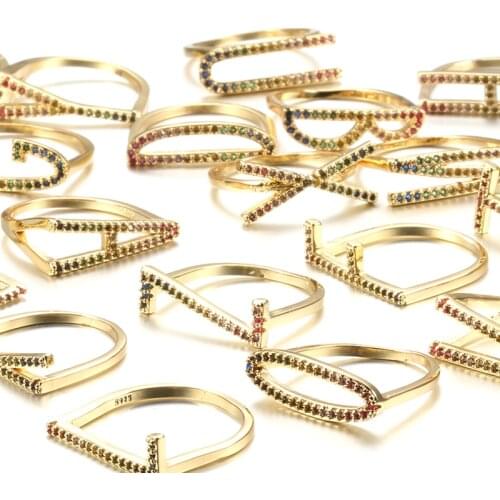 Kinel Fashion A-Z Letter Rainbow Ring Gold Color DIY Name Initials Alphabet Women Party CZ Zircon Ring Boho Jewelry
