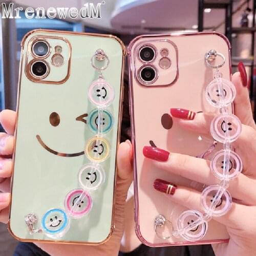 Luxury Plating Smile Face Bracelet Phone Case For iPhone 11 Pro 12 Mini 7 8 Plus X XR XS Max SE2 Candy Color Soft Silicone Cover