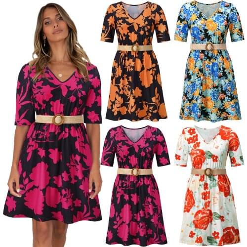 Sexy Women Bohemian Floral Dress V-neck Printed Slim Self-Belted dresses tunic Boho Sundress dress knee length