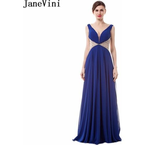 JaneVini Chiffon Royal Blue Sexy Deep V Neck Bridesmaid Dresses A Line Beading High Split Backless Floor Length Prom Party Gowns