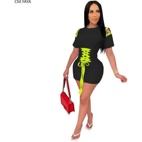 CM.YAYA Women Lace Up High Waist Short Sleeve Bodycon Midi Mini Dress Sexy Party Club Bandage Casual Vintage Pencil Dresses
