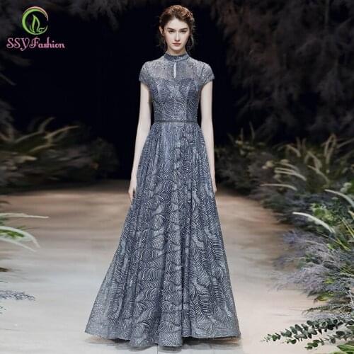 SSYFashion New Luxury Navy Blue Evening Dress Vintage High-neck Sparkling Shining Sequins Beading Long Prom Formal Gown Vestidos