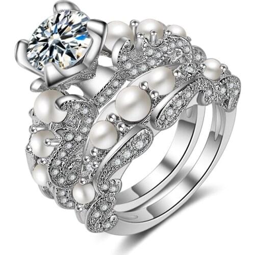 Hainon Luxury Imitation Pearl Wedding Engagement Rings For Woman Fashion Finger Rings Bridal Jewelry Silver Color Ring Sets