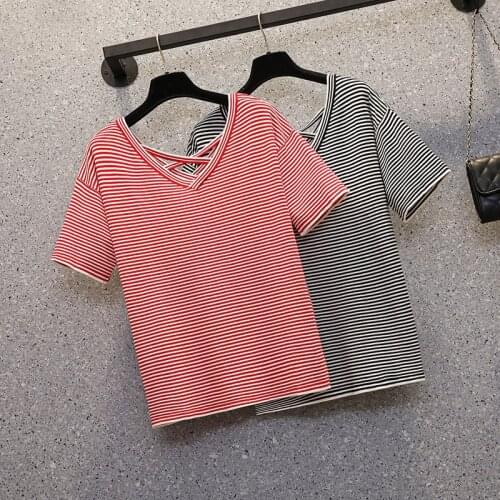 M-4XL plus size women Summer basic thin sweaters 2021 short sleeve v neck sexy Stripe kint female Oversized pullover jumper