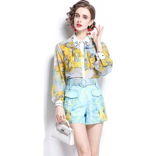 2021 Summer Women Lantern Long Sleeve Diamonds Beading Ruffles Silk Print Collar Shirts + Sashes Blue Pocket Shorts 2 Pieces Set