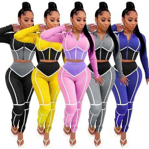 Casual Patchwork Hooded Tracksuit Women Long Sleeve Zip-up Crop Top + Long Skinny Pants Autumn Spring Sportwear Hoodie Outfits