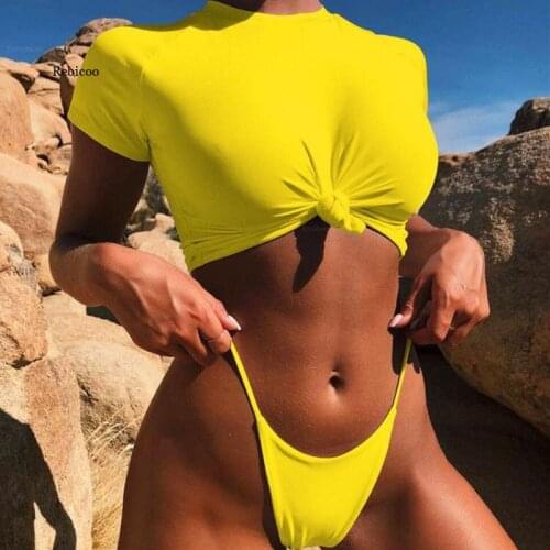 Women Sport Bikini Swimwear T-Shirt Female Swimsuit Two-Pieces Bather Bathing Suit Shorts Sleeve