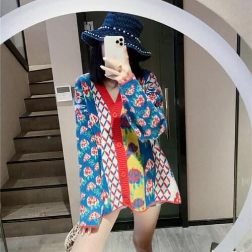 Vintage Designer Runway Christmas Coat Clothes Red Flower Embroidery Cardigan Women Sweet Knitted Sweater Oversize Top 2020