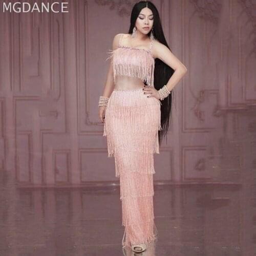 Pink Fringe Rhinestones Spandex Long Dress Birthday Celebrate Dress Prom Outfit Bar Women Dance Singer Show Dress