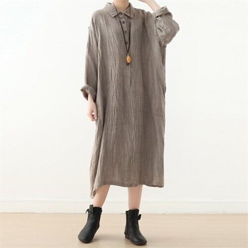Johnature Women Linen Shirt Dresses High Quality Turn-down Collar Long Sleeve Solid Color Female 2021 Autumn New Vintage Dress