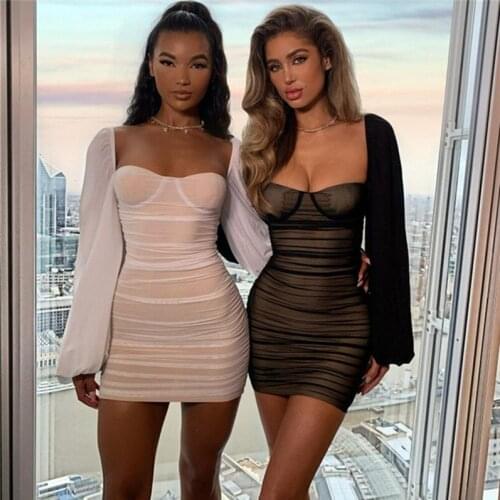 Dresses Women 2021 Sexy Mesh Patchwork Chiffon Lantern Sleeve Pleated Bodycon Zip Up Mini Dress with Chest Pad Club Party Wear