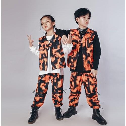 Kid Cool Hip Hop Clothing Orange Waistcoat Sleeveless Jacket Top Vest Camo Crago Pants For Girls Boys Jazz Dance Costume Clothes