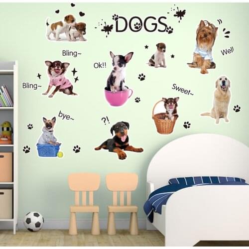 3D Cute Dog Wall Sticker for kids room bedroom Home decoration Decal Background Combination A variety of puppies Stickers