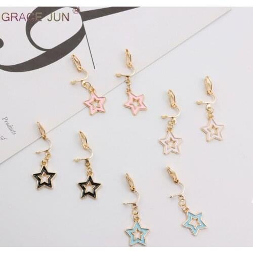 GRACE JUN Gold Color Hollow-out Small Enamel Star Clip on Earrings No Pierced for Girl Student Fashion Popular Cuff Earrings New
