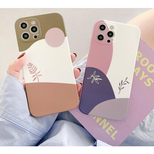 For iPhone 12 Phone Case Geometry tree leaves Floral Abstract Cases For iPhone 11 Pro Max XR X 7 8 Plus Contrast color Cover