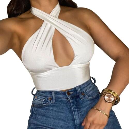 Womens Crisscross Halter Crop Tops, Sexy Sleeveless Backless Solid Color Cut Out Tank Tops