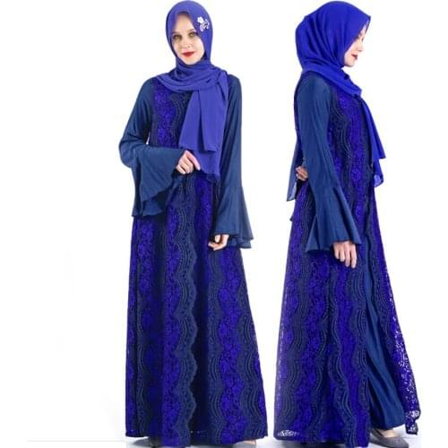 Fake 2 Piece Vestidos Islamicos Robe Arabe Abayat Royal Blue Dress Lace Kaftan Marroqui Indonesia Hijabe Jurken Dubai Turkije