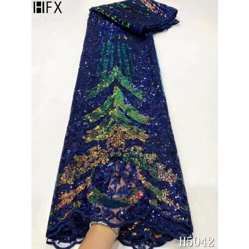 HFX African Sequins Net Mesh Lace Fabric High Quality Lace 2021 French Tulle Lace Nigerian sequin Lace Fabrics For party H5042