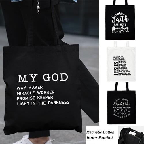 Christian Women Shopping Shoulder Bags Canvas Eco Reusable Casual Tote Bag Worship Faith Jesus High Capacity Shopper Travel Bag